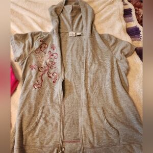 Gray Hooded Jacket with Pink Embroidery